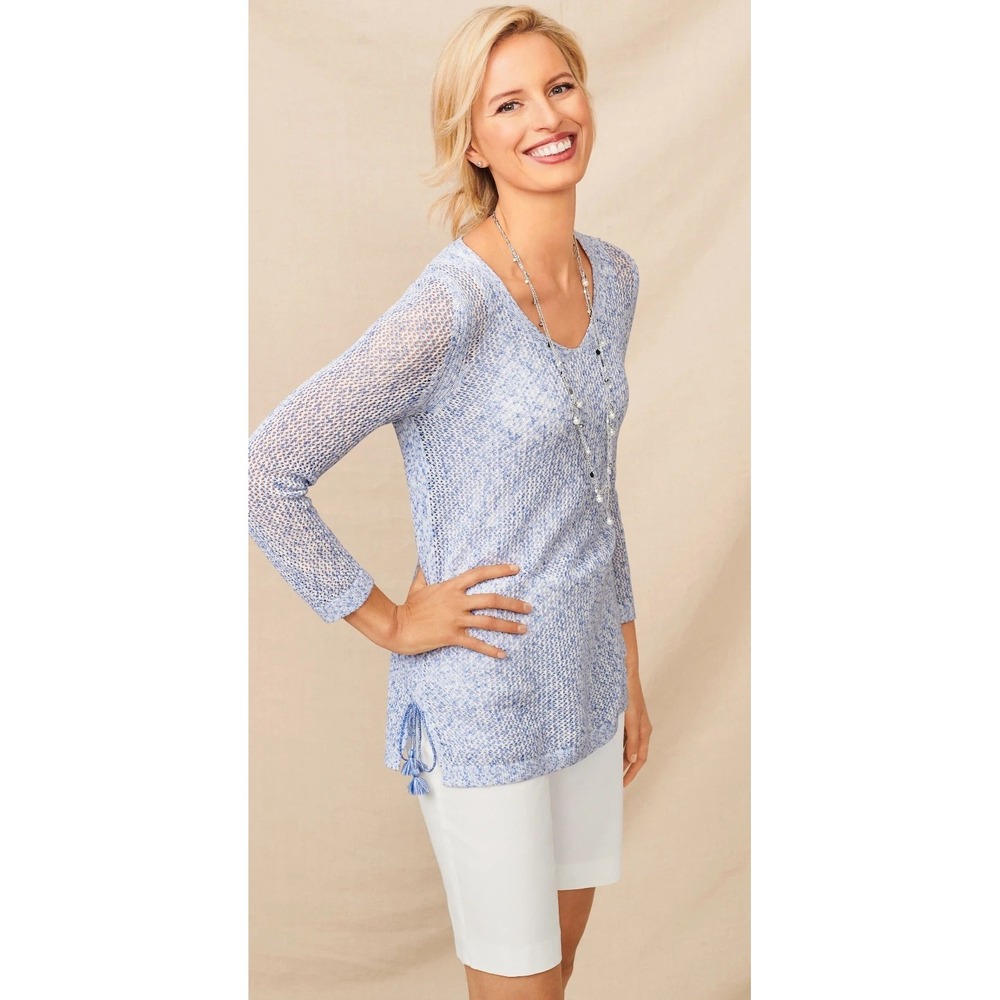 Talbots Open-Knit Tassel Pullover Sweater Womens S V-Neck Bracelet Sleeve Cotton